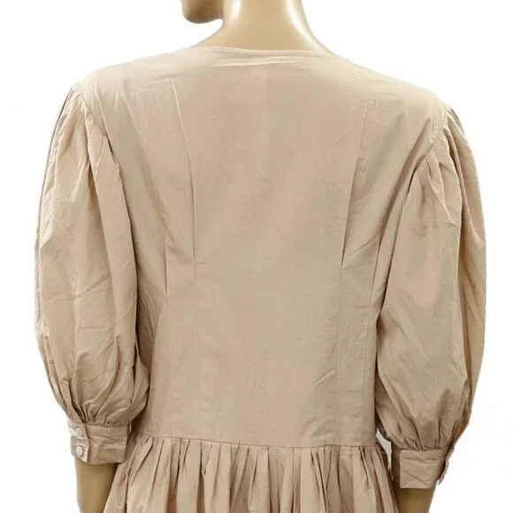 Merlette Montague Solid Midi Dress Cotton Resort Sandstone Beige XS New